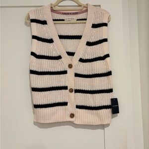 Lucky Brand Cream and Navy Striped Knit Button Front Vest